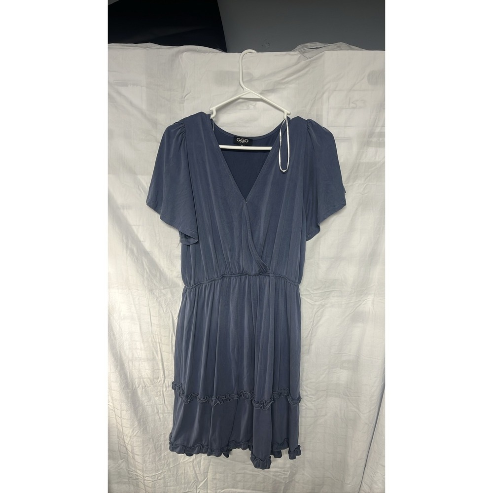 GiGiO Womens Medium Blue Faux Wrap‎ Flutter Sleeve Tiered Ruffle Dress